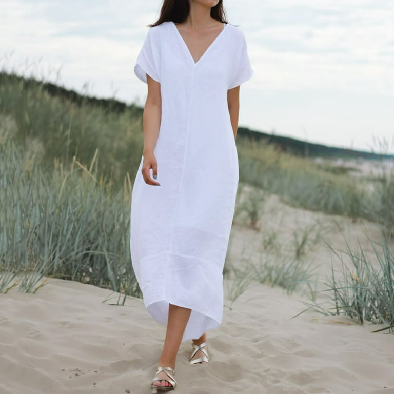 mveomtd Womens Summer Linen Dress Short Sleeve Cover Ups Casual V Neck  Dresses Loose Comfy Beach Dress Swing Dress with Pockets White 