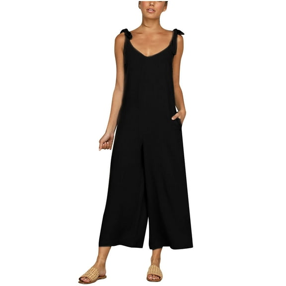 IROINNID Sleeveless Jumpsuit For Women Full-Length Casual Loose Bandage Straps High Waist Wide Leg Backless Jumpsuit Rompers With Pocket Jumpsuit