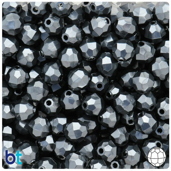 BeadTin Black Pearl 10mm Faceted Round Plastic Beads (225pcs)