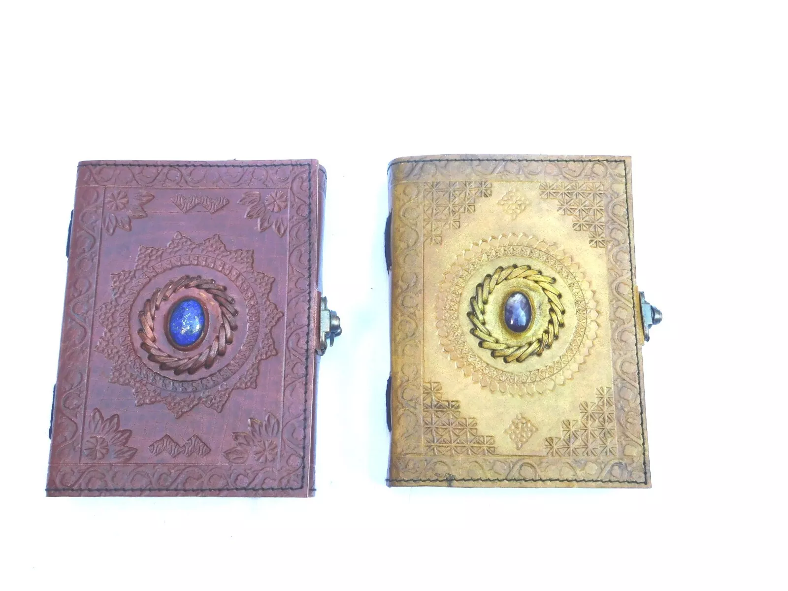 Handcrafted Embossed Design Vintage Leather Bound Journal Healing Stone Grimoire Diary Blank Notebook For Men & Women (Pack of 2)