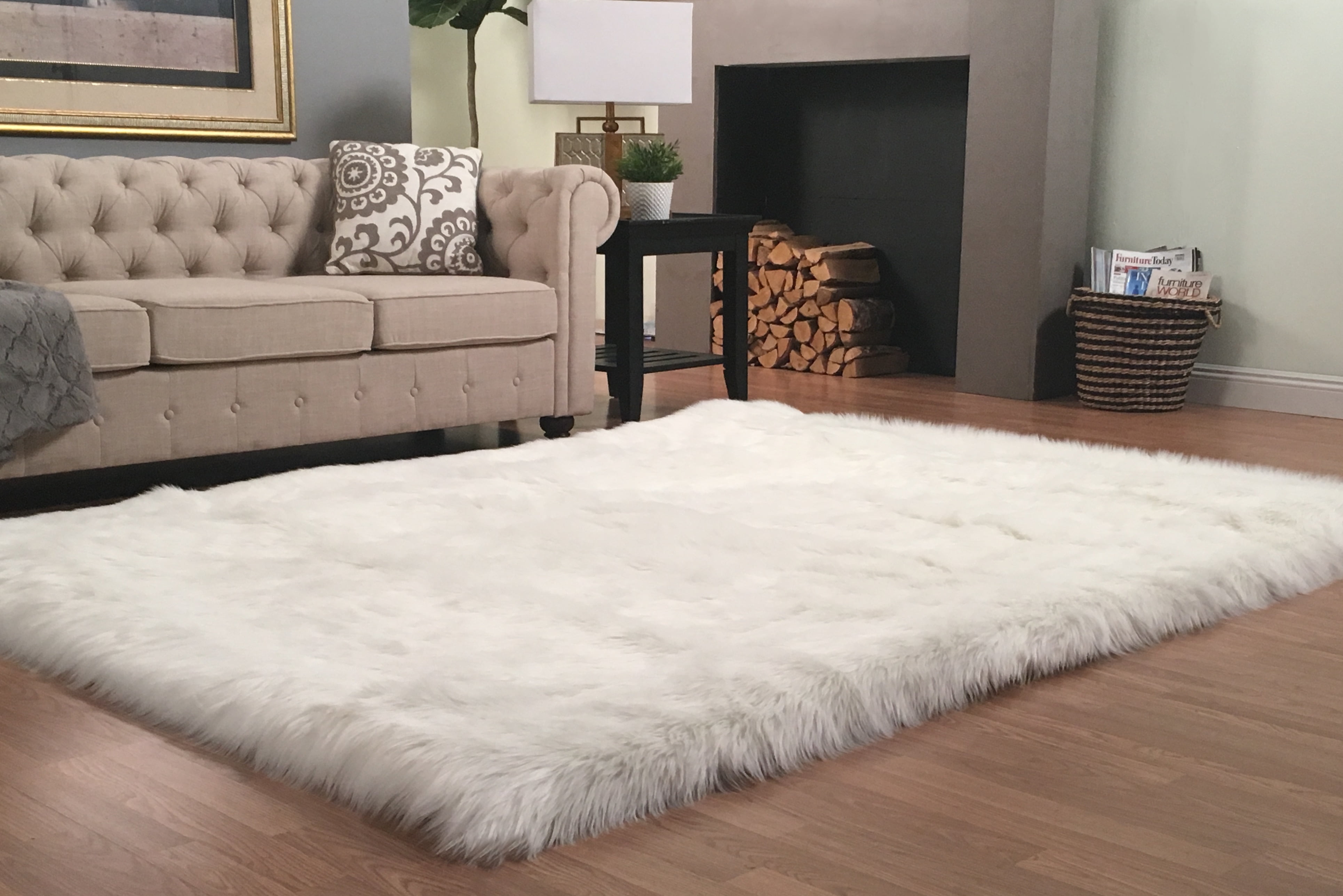 cream fluffy living room rug