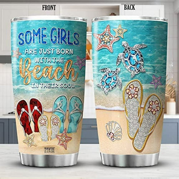 Athenstics Stainless Steel Tumbler 20oz Some Girls Are Just Born With The Beach In Their Souls Beach Lover Mug With Lid Turtle Starfish Going To The Beach Gifts Insulated Cup