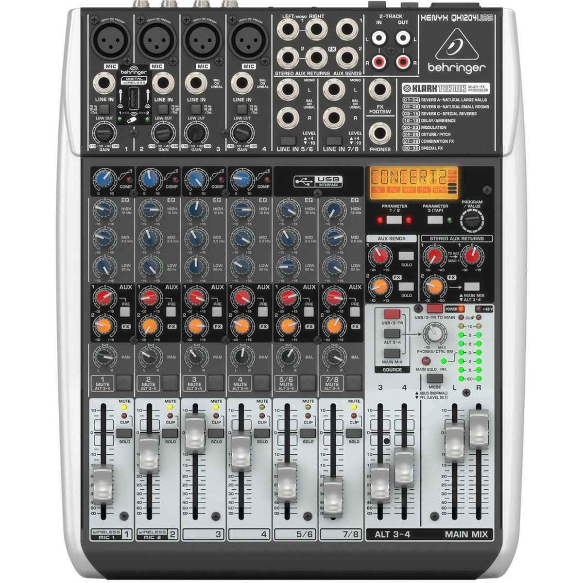 Behringer Xenyx QX1204USB Premium 12-Input 2/2-Bus Mixer with Xenyx Mic Preamps and Compressors, KLARK TEKNIK Multi-FX Processor, Wireless Option - With 4 Pack 15' 8mm XLR Microphone Cable