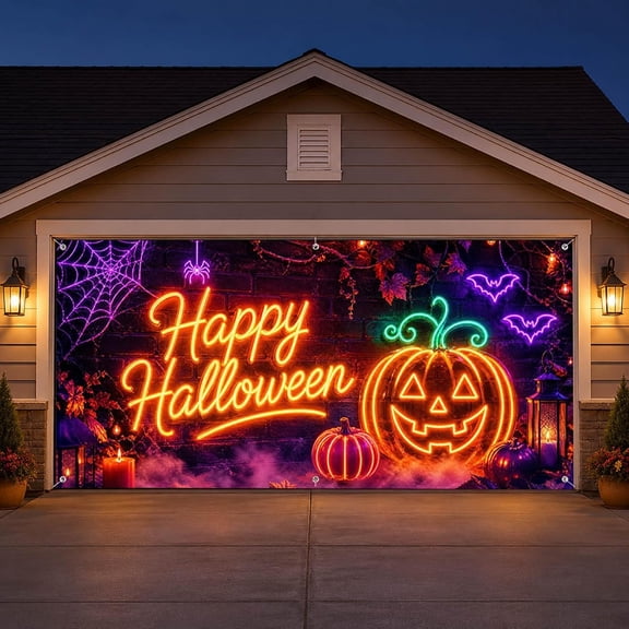 13 x 6 FT Halloween Garage Door Cover Banner, Neon Spooky Haunted House Pumpkin Ghost Backdrop, UV Resistant Large Wall Decor for Indoor Outdoor Yard Home Halloween Party Decoration