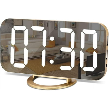 Digital Alarm Clock,LED and Mirror Desk Clock Large Display,with Dual USB Charger Ports, 3 Levels
