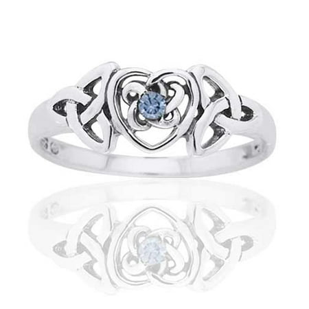 Birthstone Trinity Knot - March Birthstone Ring - Sterling Silver Simulated Aquamarine Celtic Trinity Knot Heart