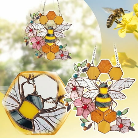 

Stain Acrylic Honeycomb Suncatcher Window Hanging Decor WIth A Honey Bee Chain