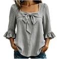 thumbnail image 3 of TaTaai Womens Tops 3/4 Sleeve Square Neck Solid Linen Blend Bow Detail Ruffle Sleeve Blouse Casual for Summer, 3 of 5