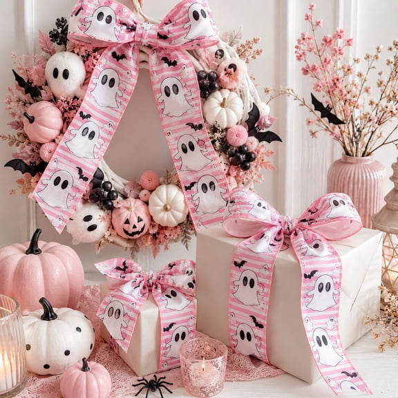 Halloween Ghost Wired Edge Ribbon, Pink Striped Ghost Ribbon for Wreath Craft DIY Party Decor, 2.48 Wide