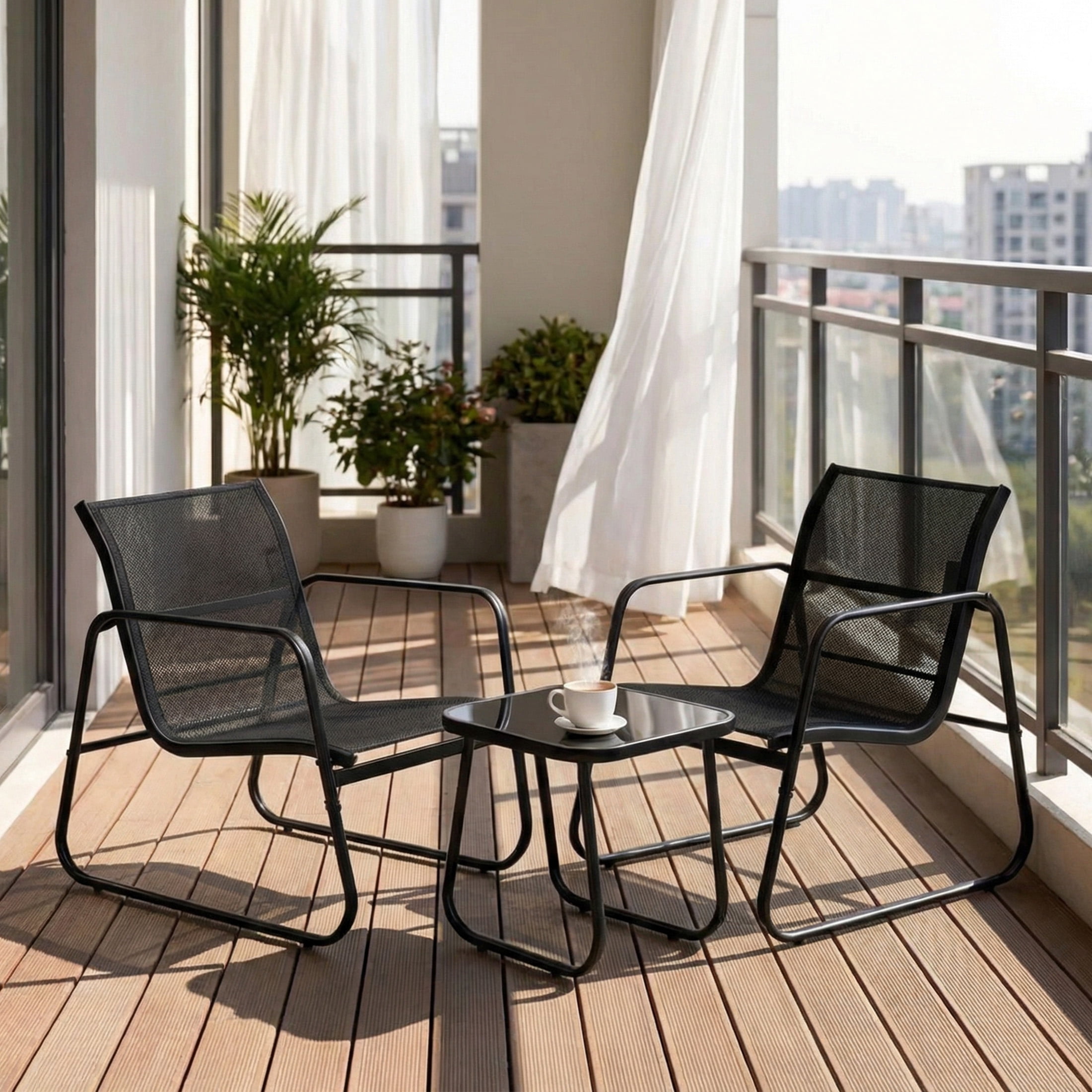 edx 3-Piece Textilene Outdoor Patio Set, Coffee Table & 2 Chairs, Black