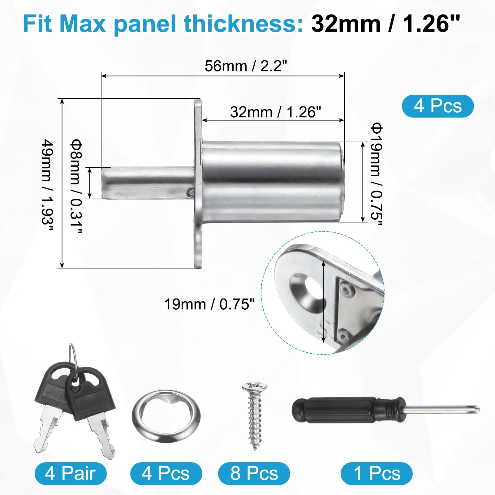 Uxcell Push Plunger Lock 32mm(1-1/4 Inch) Cylinder Length, 4 Pcs Zinc Alloy Cabinet Door Lock Keyed Alike for File Desk Drawer Wardrobe Sliding Door