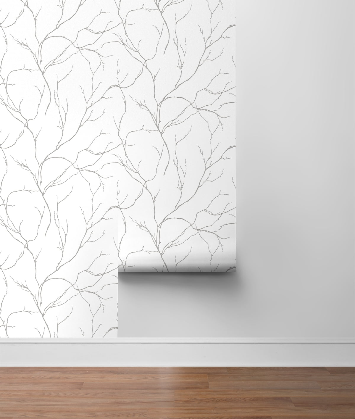 NextWall Metallic Silver Delicate Branches Peel and Stick Wallpaper