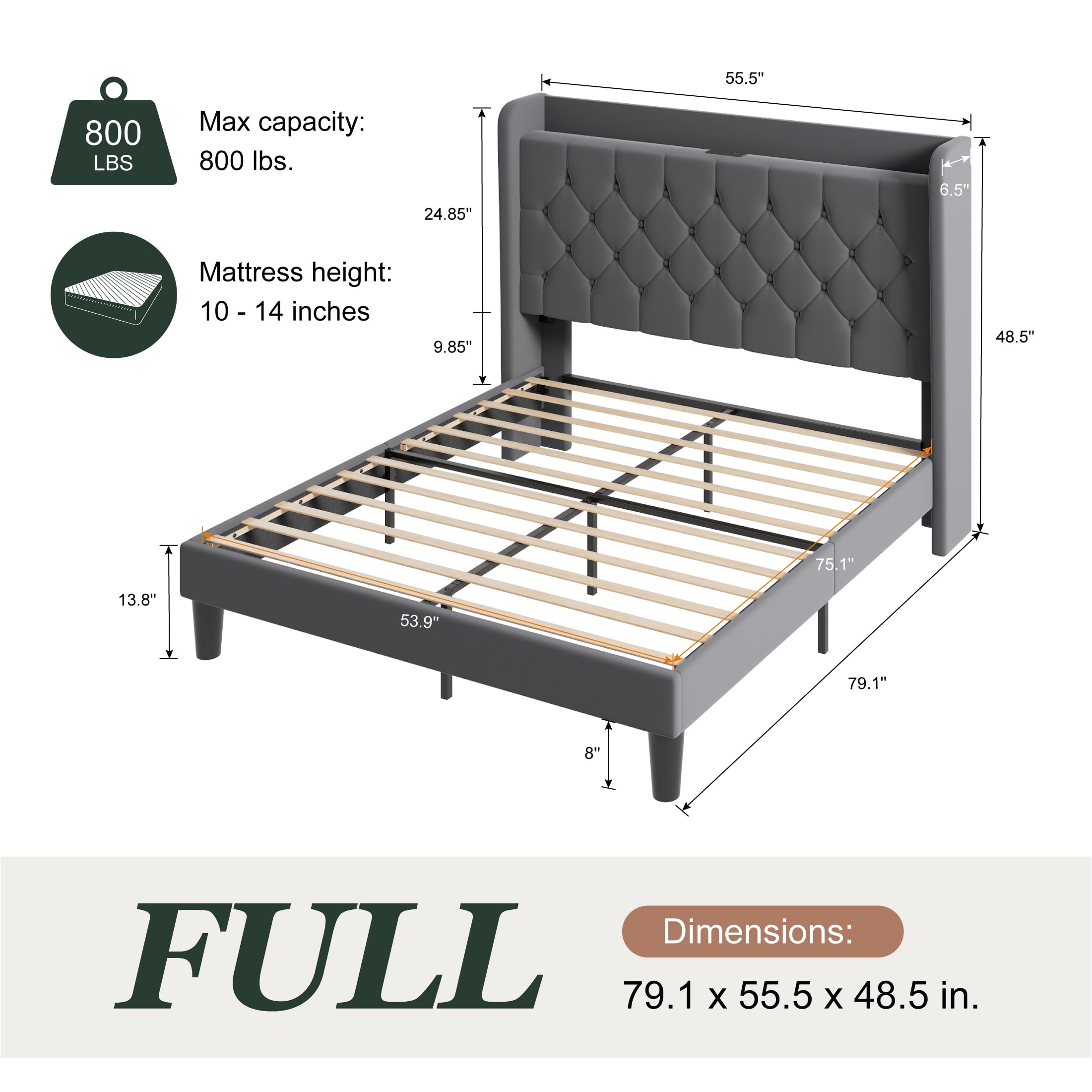 Einfach Full Bed Frame, Upholstered Platform Bed with Storage Wingback Headboard and Fast Charging Hub, No Box Spring Required, Gray