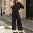 thumbnail image 5 of Women's Dressy Linen 2 Piece Outfits Cute Collared Button Down Shirt Wide Leg Pants Summer Business Casual Sets, 5 of 7