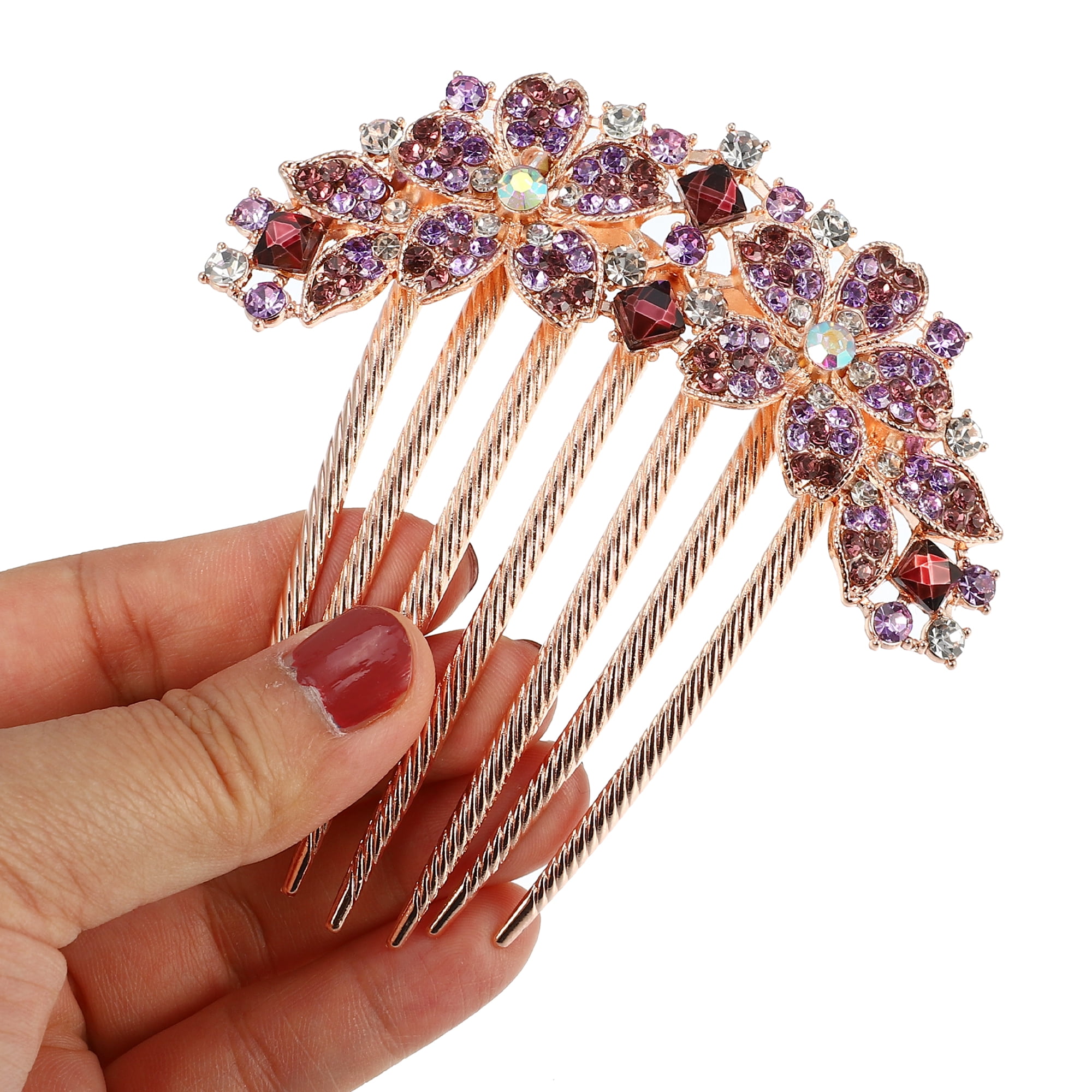 Unique Bargains Women Rhinestone Inlaid Flower Hair Comb Purple