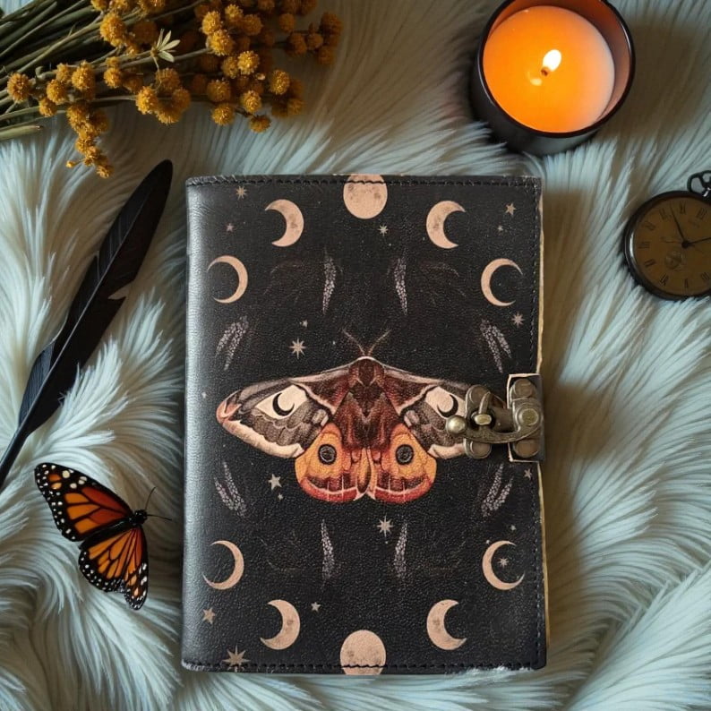 Handmade Leather Journal – Butterfly & Moon Phase Design, Vintage Notebook with 200 Deckle-Edge Pages, Diary for Writing & Sketching