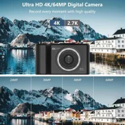 W&O Q5 4K Digital Camera, 180° Flip Screen Point and Shoot Camera with Ring Light, SD Card, Black