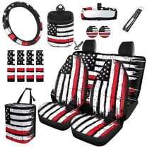 Uorisanigo Retro American Flag Front Back Seat Cover Full Set Car Steering Wheel Wrap Seat Belt Pad Car Coasters Trash Can Air Vent Pouch Rearview Mirror Cover Key Chain, Set of 15