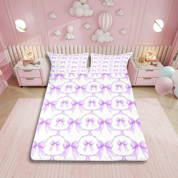 Cartoon Bowknot Bed Sheets Set Twin Bow Knot Sheet Set Butterfly Knot Bow Tie Sheets Watercolor Aesthetic Coquette Room Decor Geometric Purple Flat Fitted Sheet