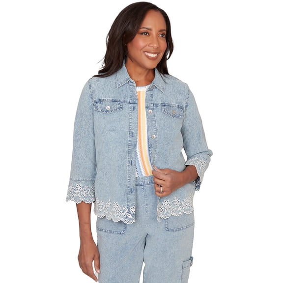 Alfred Dunner Womens Petite Floral Embroidered Scallop Trim Jacket