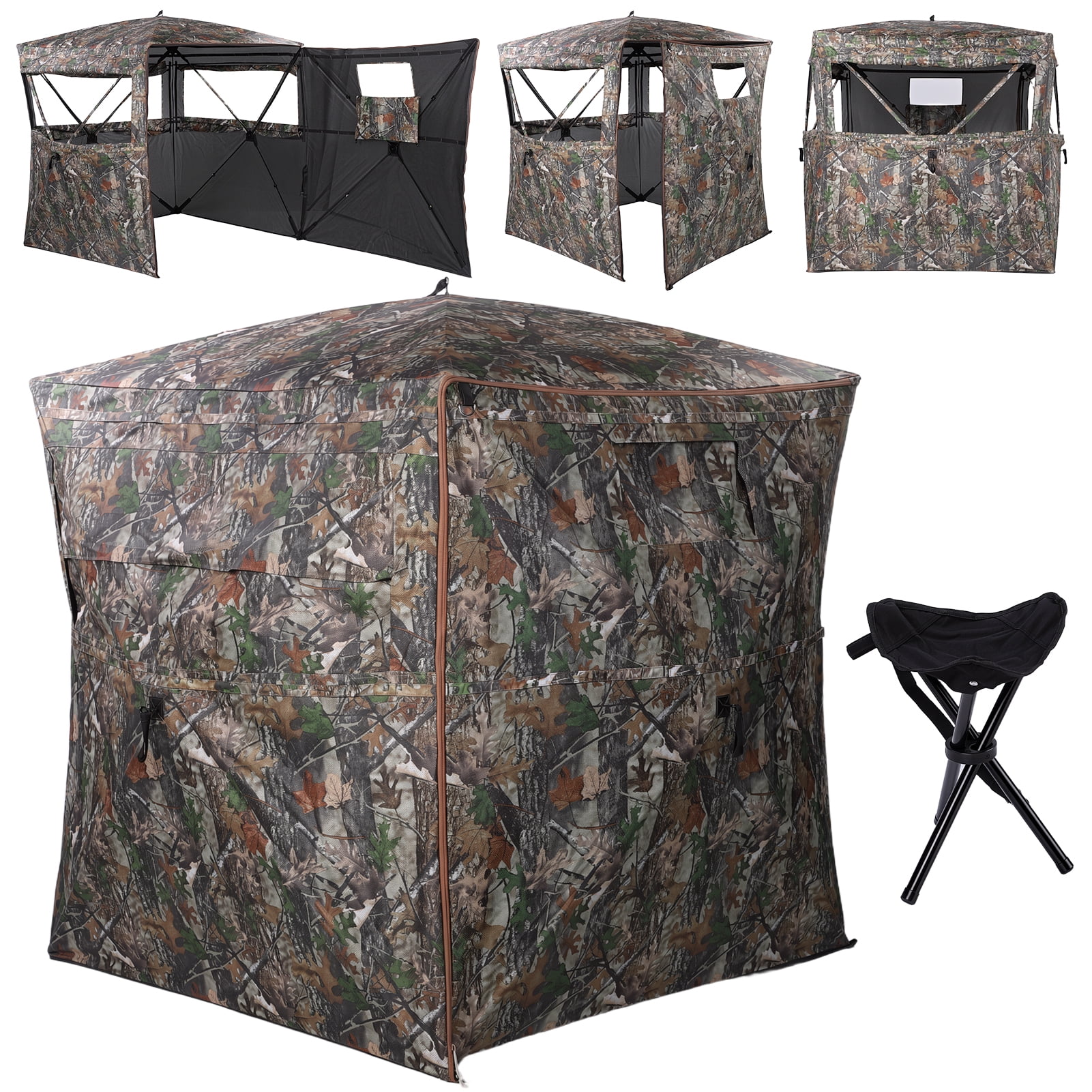 360° See Through Ground Hunting Blind 2-3 Person Pop Up Camouflage Tent Portable Concealed Shelter with Triangle Stool & Carrying Bag