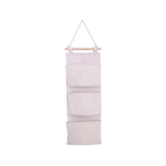 Linnome 3 Pocket Striped Wall Hanging Storage Organizer Wooden Rod Fabric Door Caddy Multi Layer Hanging Pouch for Bedroom Living Room Book Small Item Storage