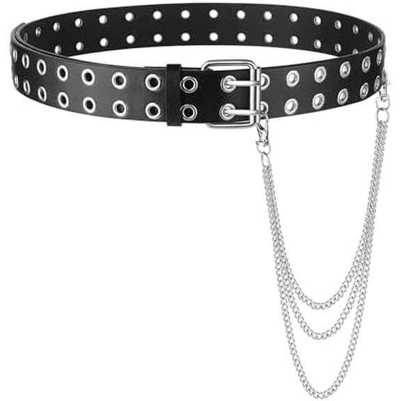 Double Grommet Leather Belt with Detachable Chain for Women Men Punk Black Belt with Double Studded Holes