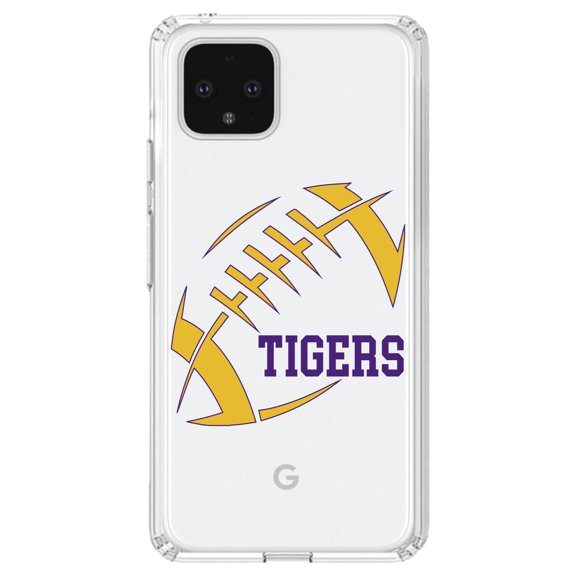 DistinctInk Clear Shockproof Hybrid Case for Google Pixel 4 (5.7" Screen) - TPU Bumper, Acrylic Back, Tempered Glass Screen Protector - Tigers Football - Purple, Gold