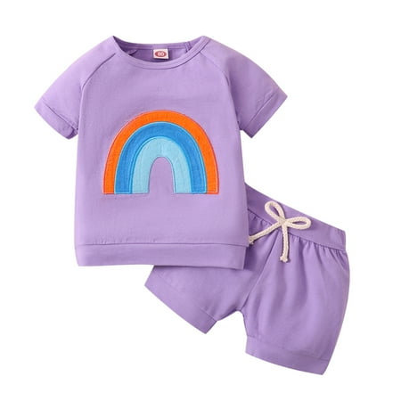 

baby girl clothes Baby Kids Girl S Outfits Rainbow Print Short Sleeve O Neck Casual Tops+Solid Color Shorts 2Pcs Summer Clothes Set