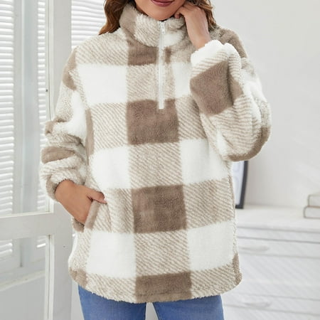 

TZNBGO Long Sleeve Tops for Women Women s Elegant Plaid Loose Fit Beauty Tunic Sweatshirts Casual Plush Winter Warm e Ladies Tops Check Printed Plush Top Khaki S Sleeveless Tops For Women Bra To21039