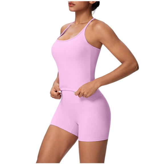 Womens Workout Outfits 2 Piece Sleeveless Crop Tops High Waisted Legging Shorts with Pockets Yoga Gym Clothes (XL, Pink|Racerback)