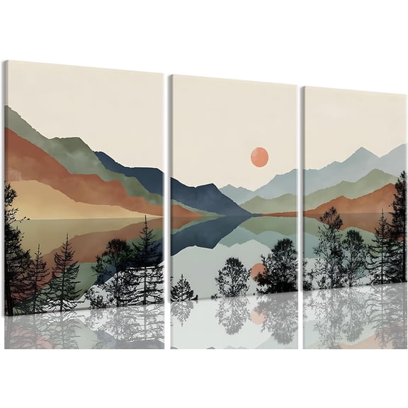 Canvas Wall Art Framed Mountain Wall Art Set of 3 Boho Watercolor Nature Landscape Picture Decor Sun Forest Abstract Prints Artwork Painting for Living Room Bedroom Office 12"x16"