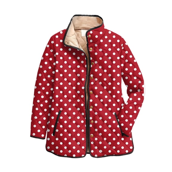 GrmtClth Quilted Jackets for Women Casual Polka Dot Graphic Button Up Puffer Jackets Comfy Soft Stand Collar Fall Winter Padded Outfits Red XL