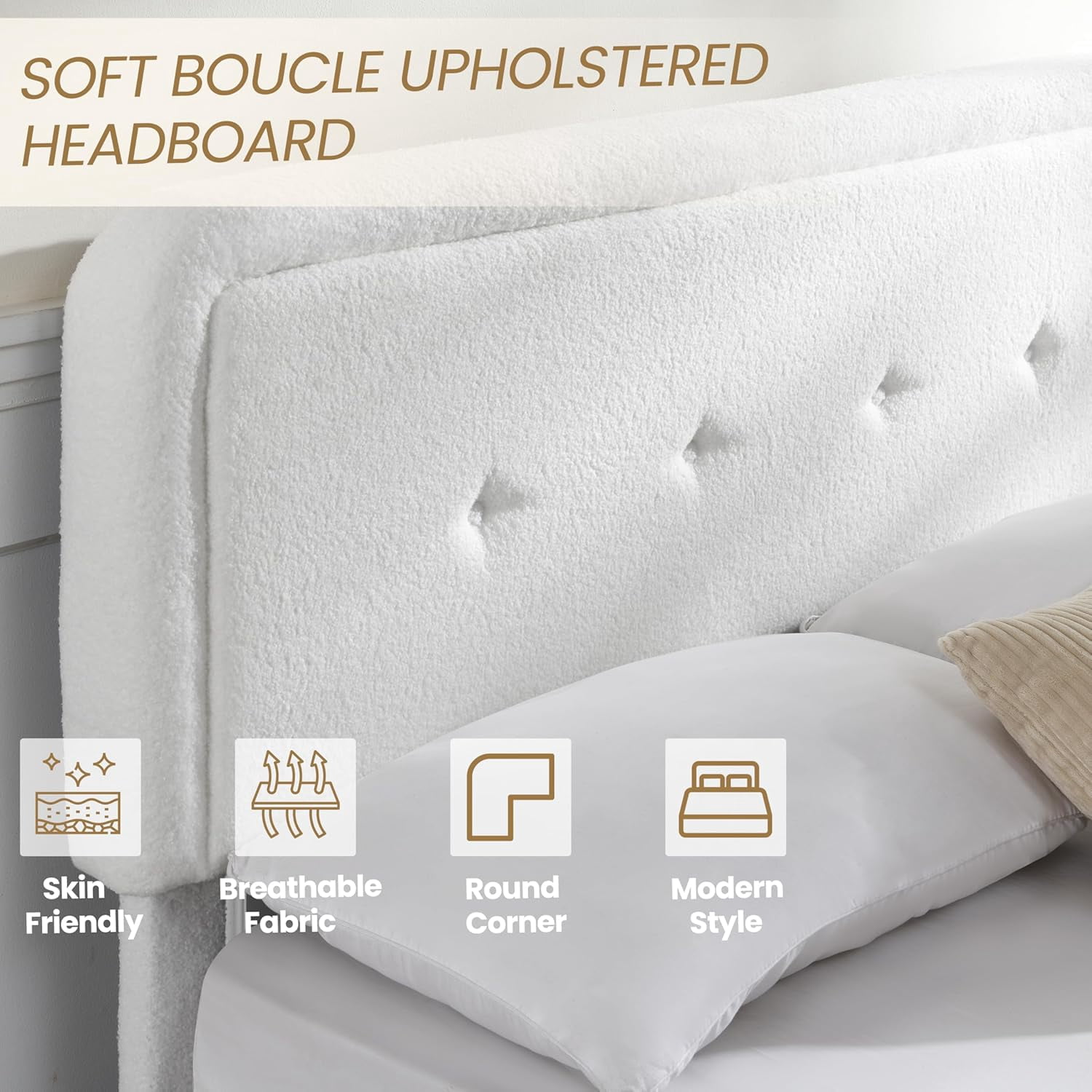 Queen Size Cloud Bed Frame with Adjustable Upholstered Headboard, Soft Boucle Upholstered Platform Bed Frame, Easy Assembly, 3 Adjustable Height