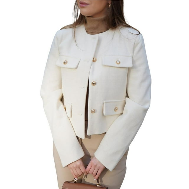 Blazer Corto para Mujer, Ajustado, Abierto, con Cuello Redondo, Larga, Informal, para Oficina y Trabajo, con Bolsillos. S