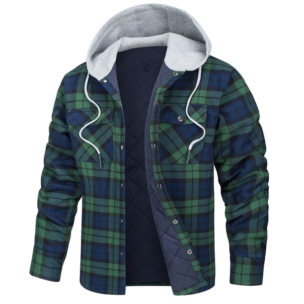 Chaqueta con capucha para hombre, camisa de franela a cuadros gruesos, abrigo de algodón de invierno de manga larga con forro acolchado y bolsillos