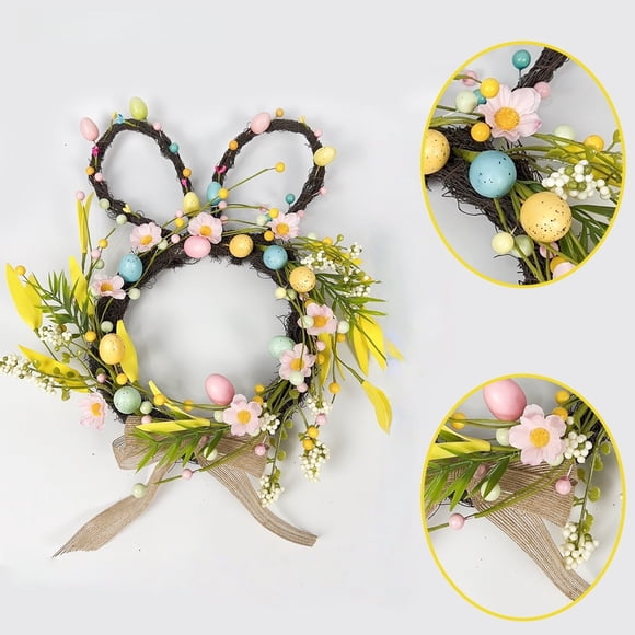 Taicans Couronne d'Oreilles de Lapin de Pâques avec Nœud 19,6 Pouces Grande, Décoration de Porte d'Entrée Intérieure et Extérieure avec Œufs, Décorations Suspendues de Printemps pour Maison de Vacances, Jardin, Porche, Panneau de Bienvenue