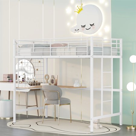 Twin Size Loft Bed with L-shaped Desk and Metal Grid  Metal Loft Bed Frame with Safety Guardrails and Ladders  Multifunctional Loft Bed with Large Under-Bed Storage  No Box Spring Needed  White