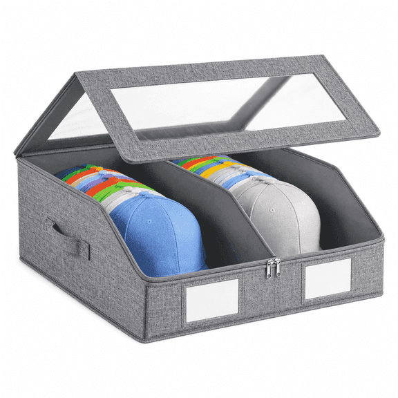 1 Pack Hat Storage for Baseball Caps-Holds Up to 24 Caps, Hat Organizer for Closet Stackable Hat Box with Cardboard, Dustproof Baseball Cap Organizer with 2 Handles for Home Travel (Grey, 1Pack)
