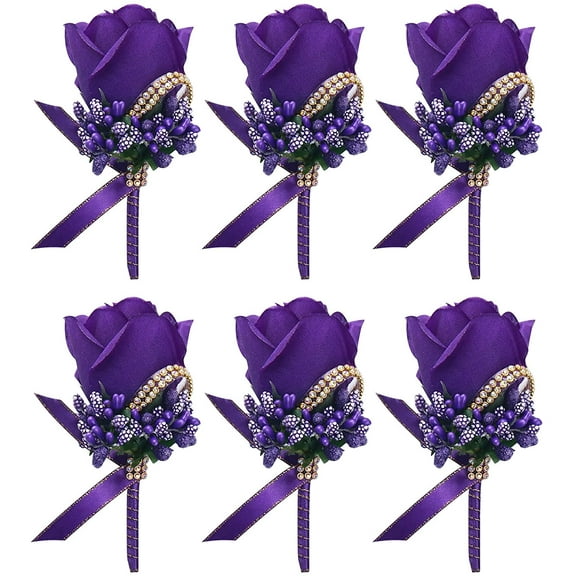 Purple Wedding Rose Boutonniere with Pins for Men Wedding Groomsmen Best Man, Groom Boutonnieres for Party Prom Anniversary (Boutonniere-Purple, 6 Packs)