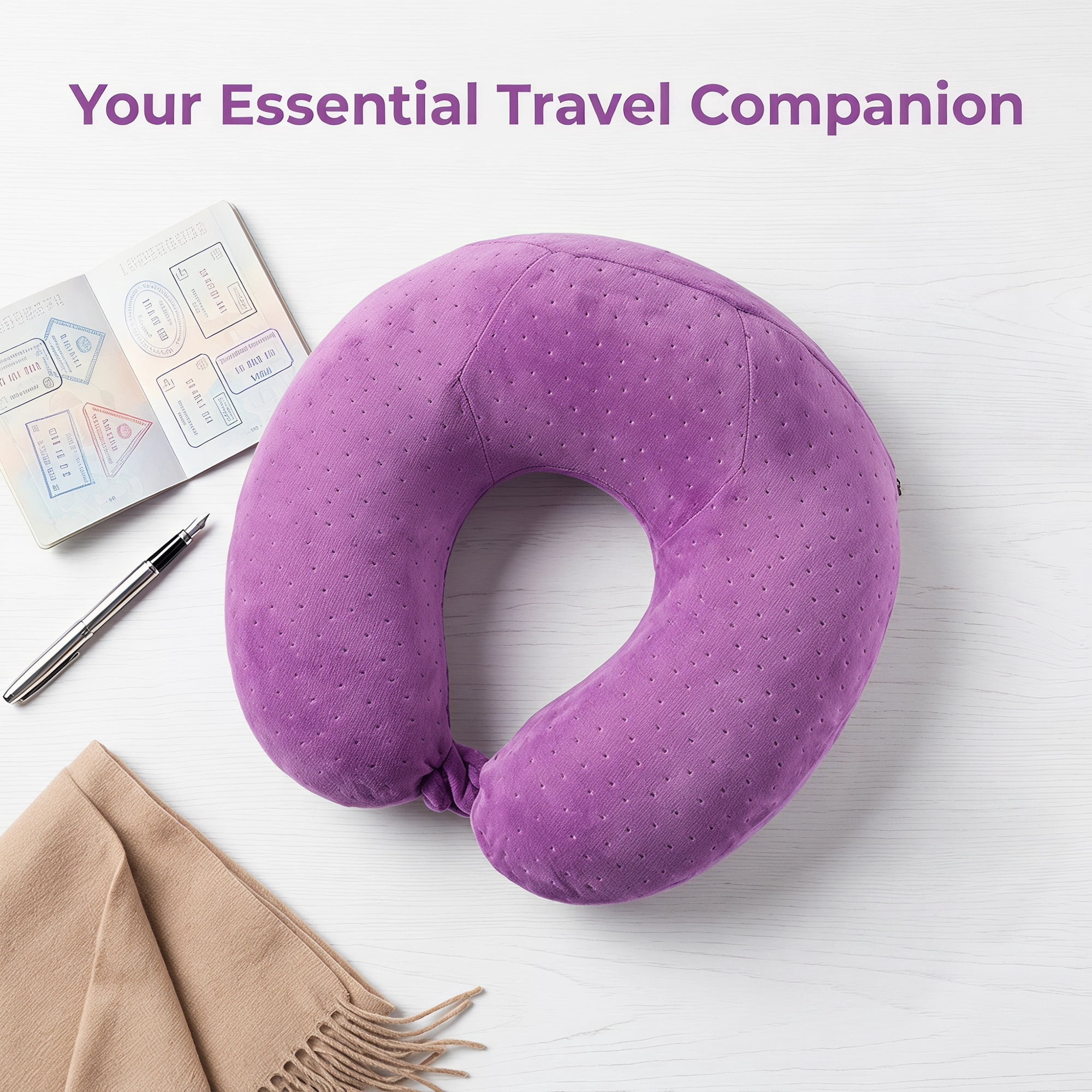 Unique Bargains Memory Foam Neck Pillow U Shape with Snap Closure Lilac purple 12"x12"x5"