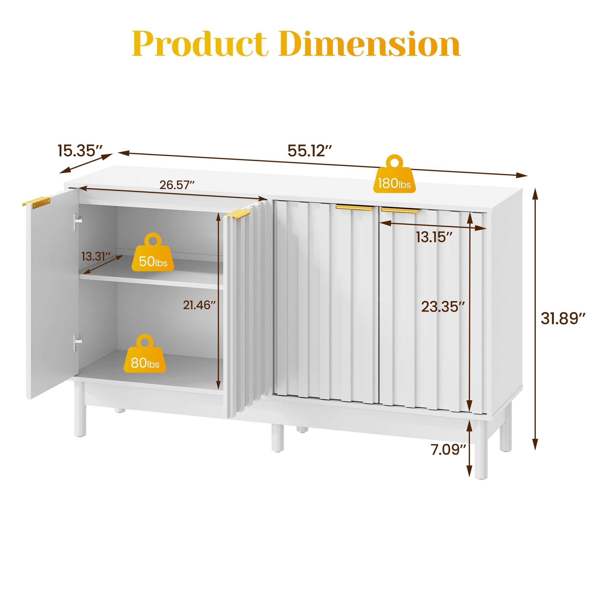 TrumanPick  55'' Buffet Cabinet with Fluted Door, Adjustable Shelves, and Edge Pull White