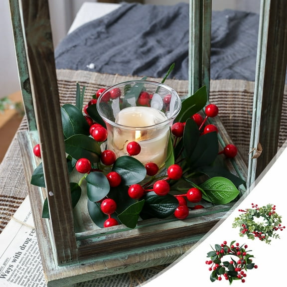 Christmas Berry Candle Ring Garland, Red Berry Hanging Wreath, Festive Table Centerpiece or Kitchen Cabinet Accent, Decorative Holiday Candlestick Arrangement, Durable Seasonal Floral Design
