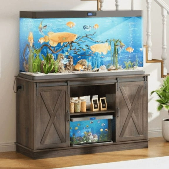 Richryce 75 Gallon Aquarium Stand, Fish Tank Stand, with Power Outlets & LED Light, Heavy Duty Farmhouse Cabinet for Fish Tanks