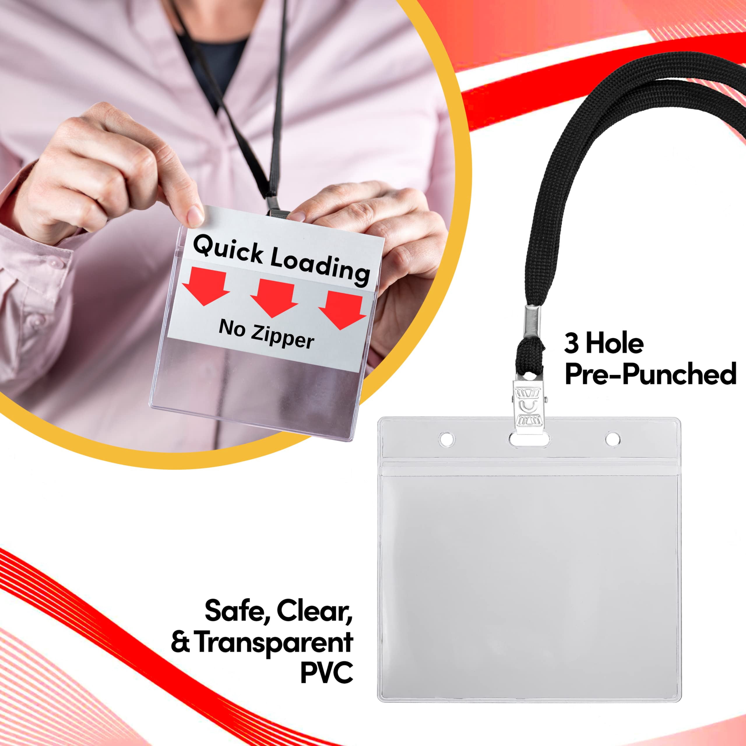 104 & 52 Qty Sets Badge Holders With Lanyards Name Tag And 3x4 Size Quick Load No Zipper Id Holder Clear Plastic (104)