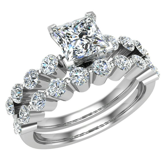 Princess Cut 1.25 Carat Shared-Prong Setting Band Wedding Ring Set 14K White Gold