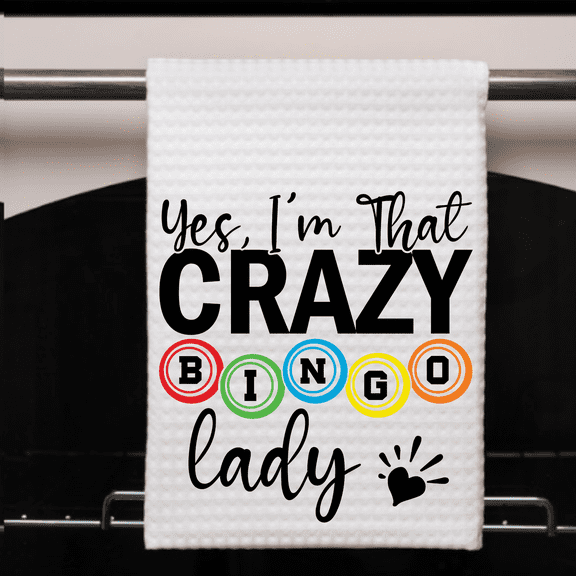Crazy Bingo Lady Kitchen Towel – 16x24 White Waffle Weave