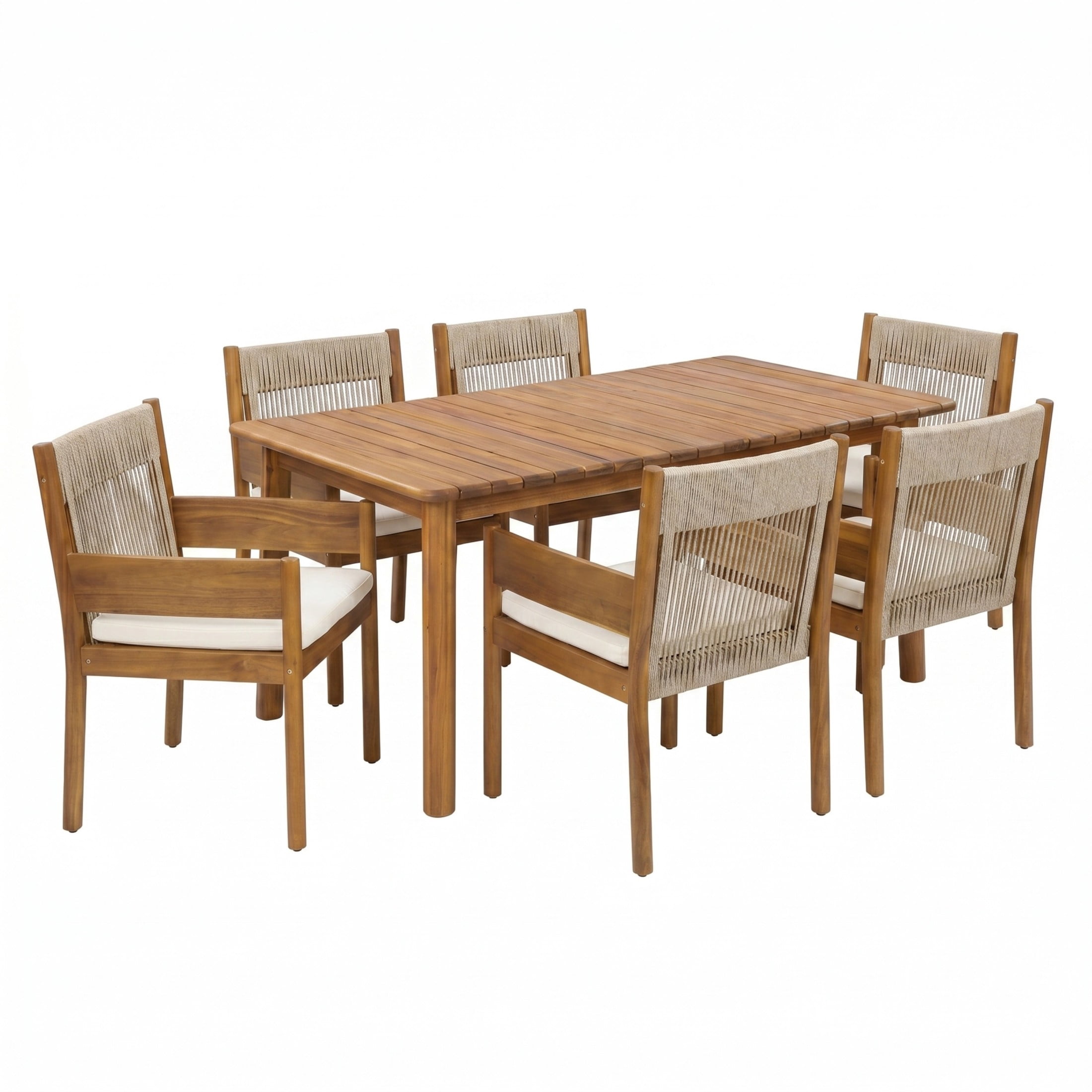 Christopher Knight Home 7-Piece Wood Outdoor Extendable Dining Table with Rope Chairs Set, Teak+Beige
