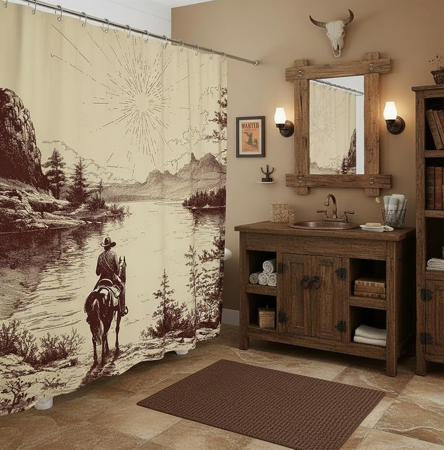 Western Cowboy Shower Curtain, Retro Country American Wild West Cowboy Riding Horse by The River Hand Drawn Fabric Shower Curtain for Bathroom Home Decor,47X64