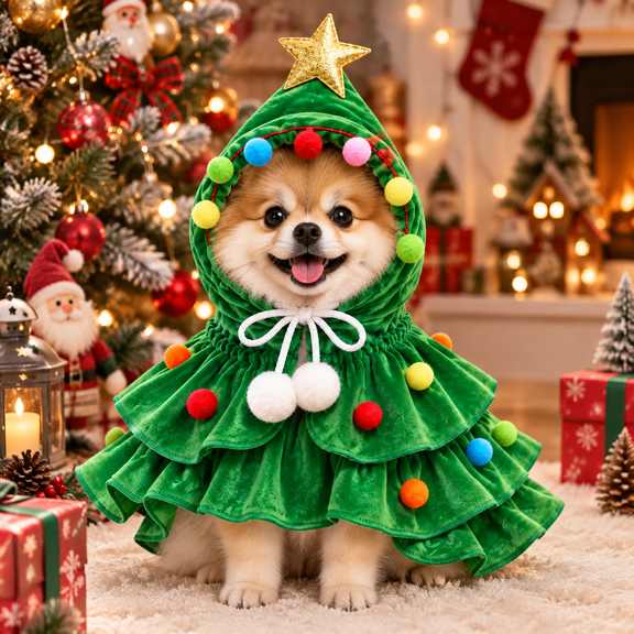 Christmas Dog Outfit and Clothes, Christmas Tree Dog Costume, Green Reindeer Pet Cape for Cat and Small Dog Holiday
